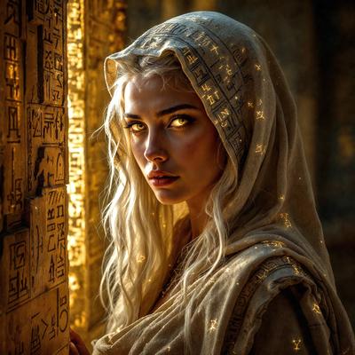 The primary subject of the image is a woman with blonde hair, wearing a white and brown dress. She is looking at the camera with a mysterious and intriguing expression. The setting is a room with a wall covered in hieroglyphics, which adds an ancient and mystical atmosphere to the scene. The visual style is a combination of photo and digital art, creating a unique and captivating image. The colors and mood are predominantly neutral, with the woman's white and brown dress and the wall'